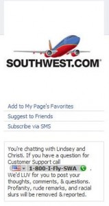 Image for article on southwest airlines showing personality on facebook fan page.